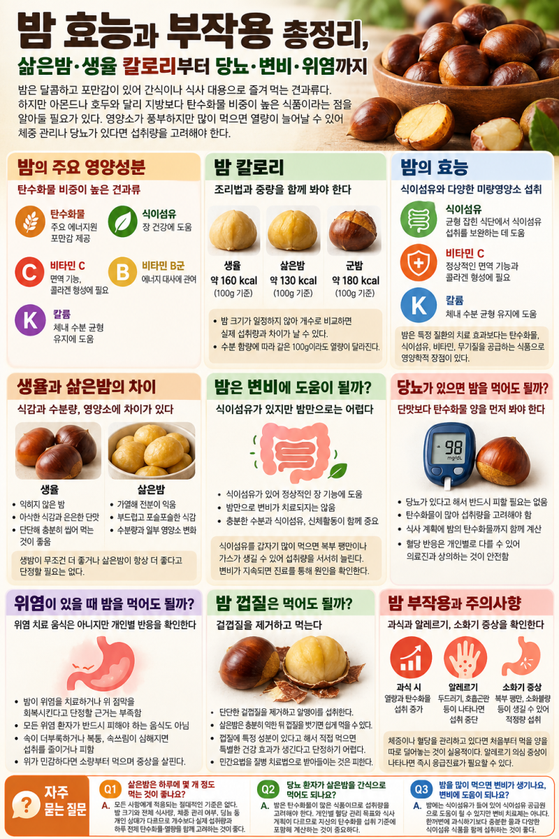 밤 효능과 부작용 총정리, 삶은밤·생율 칼로리부터 당뇨·변비·위염까지