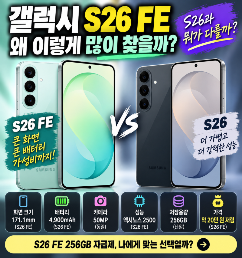 갤럭시 S26 FE 256GB 자급제 최저가만 보면 될까｜S26 가격·카메라·배터리 차이