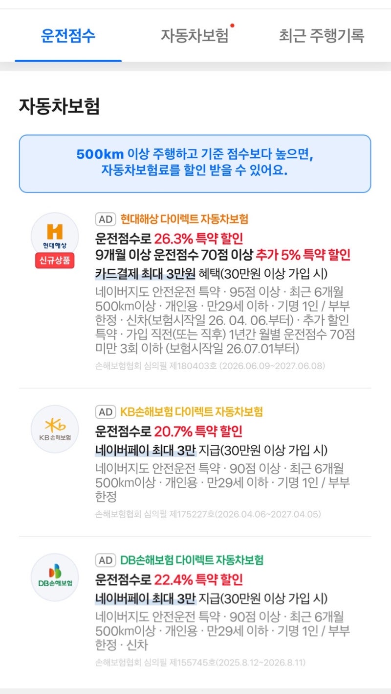 자동차보험 갱신하면서 처음 알았어요… 운전자점수로 20%이상 할인!!!