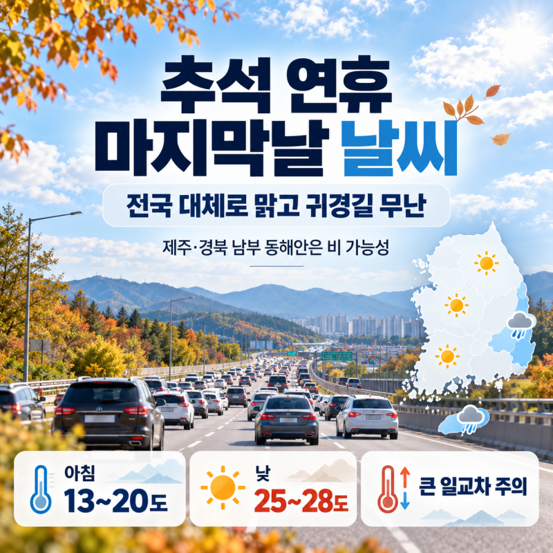 추석 연휴 마지막날 날씨…전국 대체로 맑고 귀경길 무난, 제주·동해안 일부 비