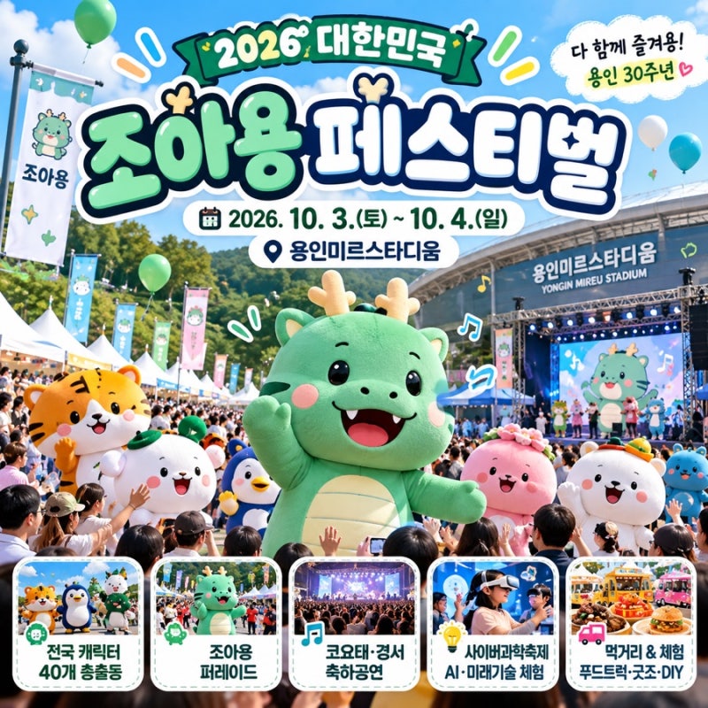 2026 대한민국 용인 조아용 페스티벌 총정리｜용인 미르스타디움에 전국 캐릭터 총출동! 일정....