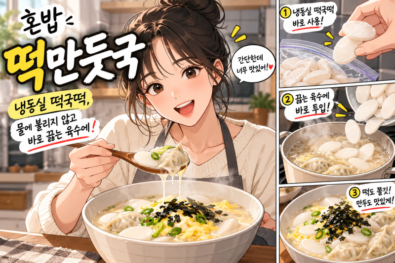 혼밥 떡만둣국 냉동 떡국떡 불리지 않고 바로 끓이기 비법