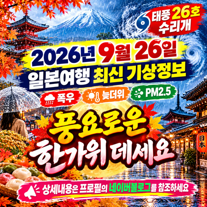 2026년 9월 26일 일본여행 날씨｜태풍26호 수리개·폭우·늦더위·PM2.5 최신정보