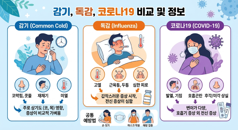 콜록콜록 기침에 열까지? 감기, 독감, 코로나19 증상 차이와 구별법 완벽 정리