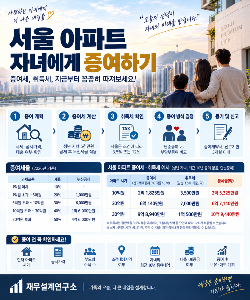 서울 아파트 자녀에게 증여하기 10억·20억·30억이면 세금 얼마나 나올까?