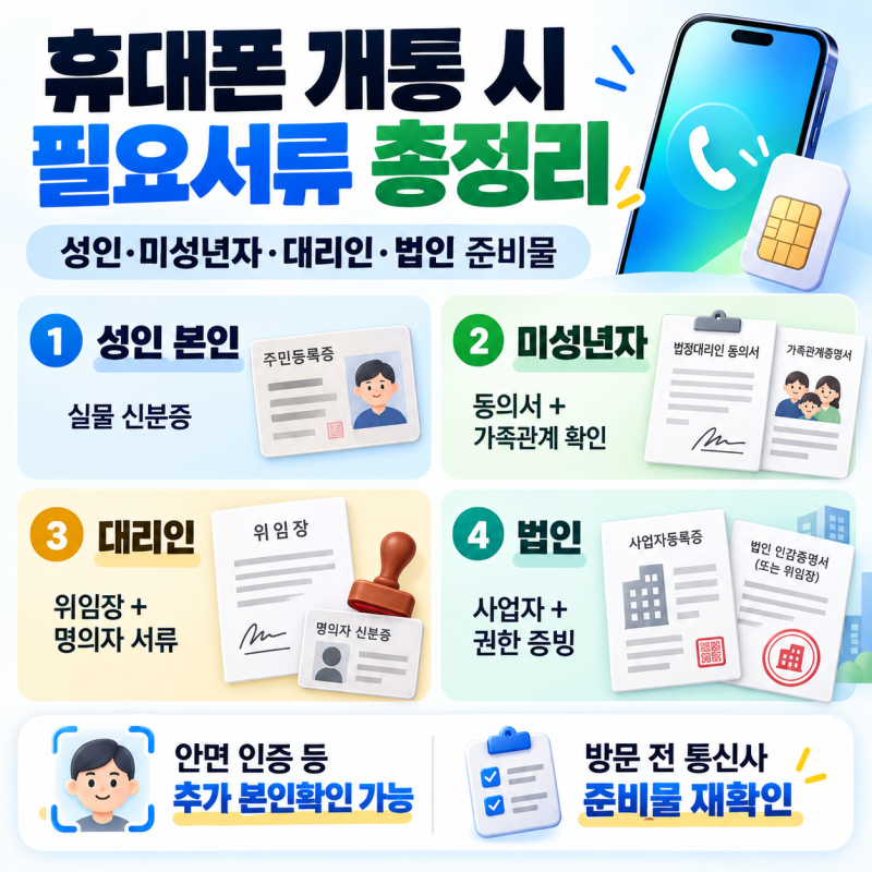 휴대폰 개통 시 필요서류 총정리｜성인·미성년자·대리인·법인 준비물