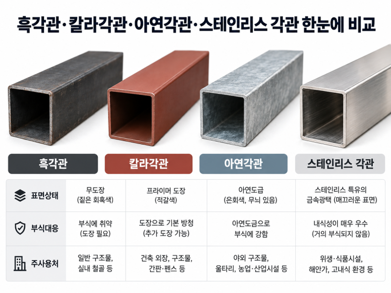 각관 종류 총정리｜흑각관·칼라각관·아연각관·스테인리스 각관 차이와 용도