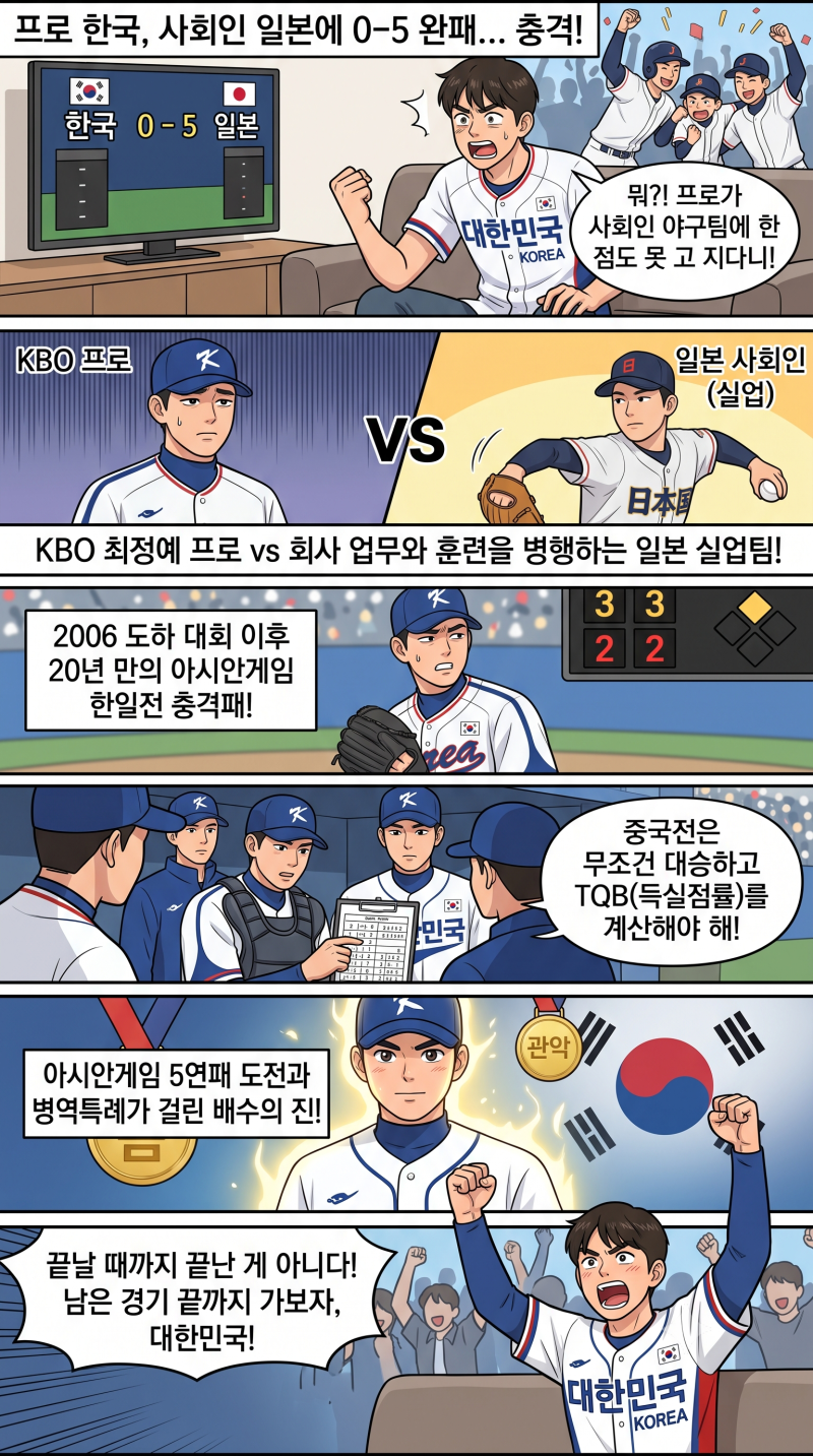 프로가 사회인팀에 0-5 영봉패? 2026 아시안게임 야구 한일전 충격패와 결승행 경우의 수 완벽 ....