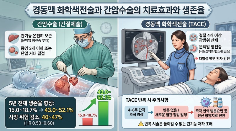간세포암 경동맥 화학색전술과 간절제 수술의 치료효과와 생존율 비교