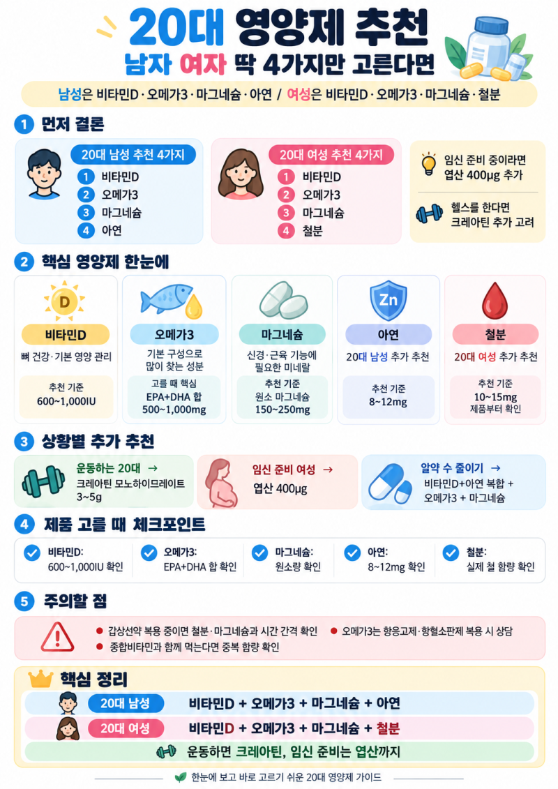 20대 영양제 추천, 남자 여자 딱 4가지만 고른다면