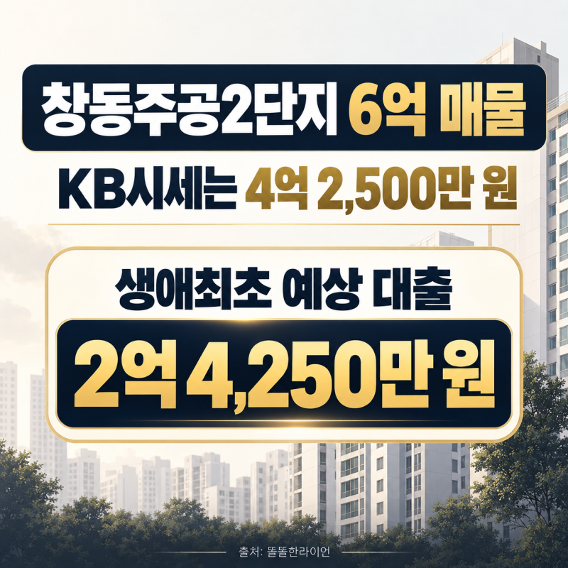 창동주공2단지 6억 매물, KB시세는 4억 2,500만 원｜생애최초 대출은 얼마나 가능할까?