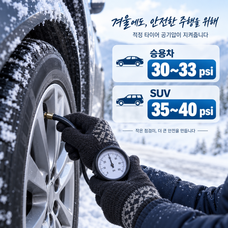 승용차 30~33psi, SUV 35~40psi, 겨울철 타이어 공기압 기준 3가지