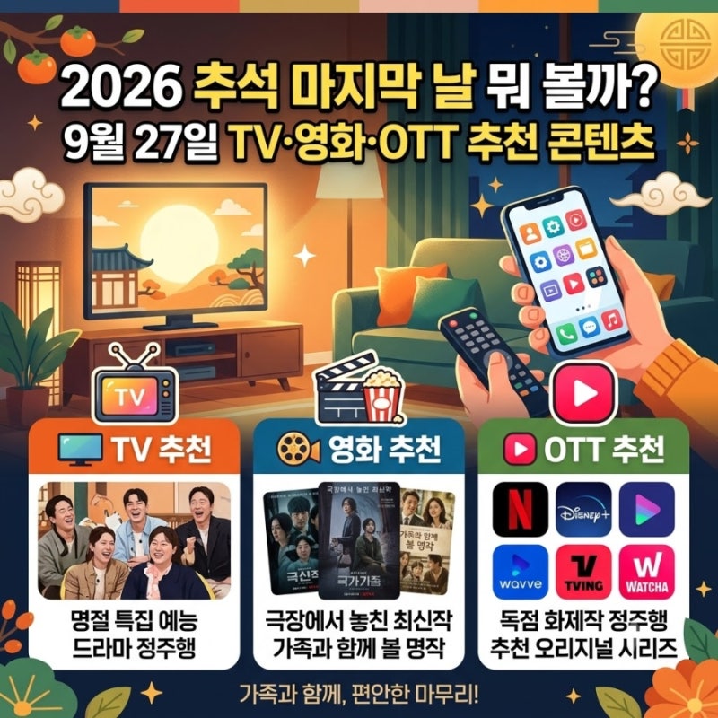 2026 추석 연휴 마지막 날 뭐 볼까?9월 27일 TV·영화·OTT 추천