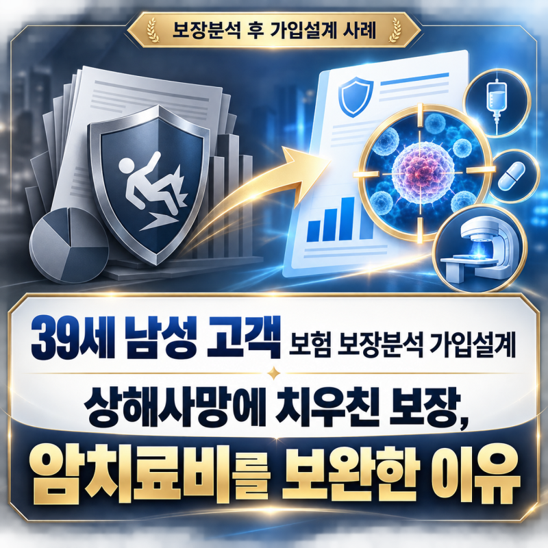 39세 남성 고객 보험 보장분석 가족대표건강보험 가입설계｜상해사망에 치우친 보장, 암치료....