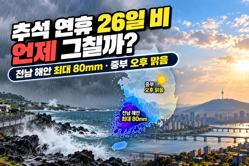 추석 연휴 26일 비 언제 그칠까? | 전남 해안 최대 80mm·중부 오후 맑음