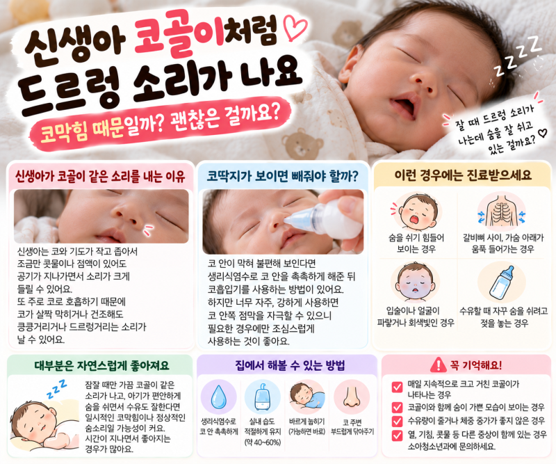 신생아 코골이처럼 드르렁 소리가 나요, 코막힘 때문일까?