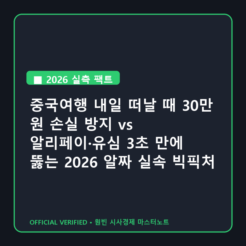 중국여행 내일 떠날 때 30만 원 손실 방지 vs 알리페이·유심 3초 만에 뚫는 2026 알짜 실속 빅픽....