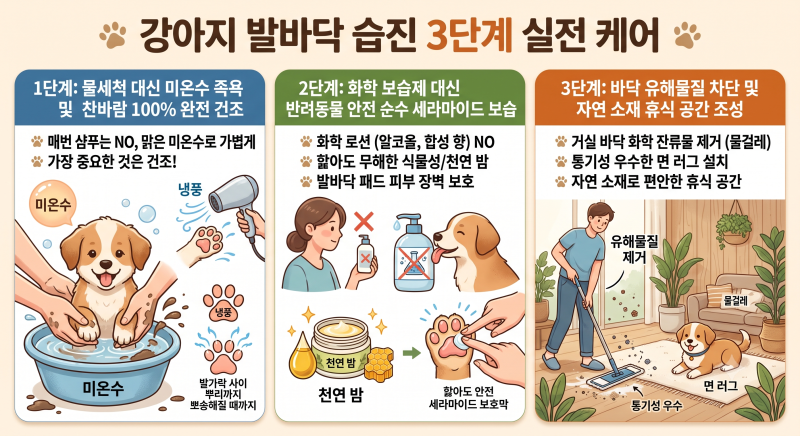 강아지 발바닥 습진 관리 3단계 핥음 방지와 실내 건조 수칙