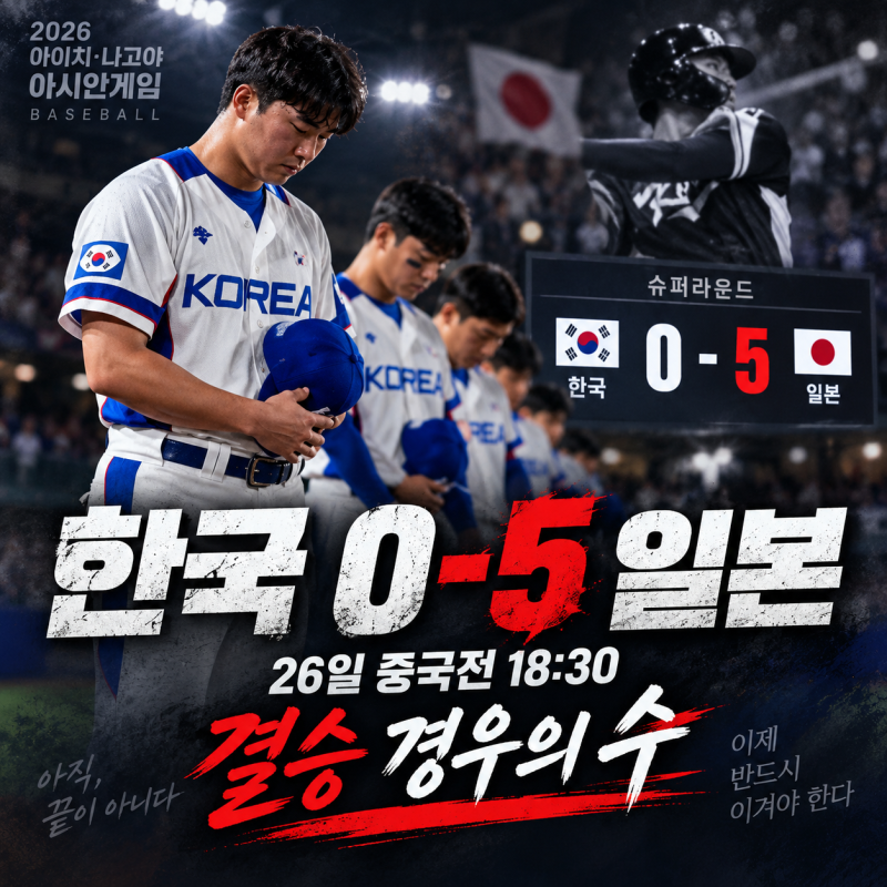 한국 일본 야구 결과 0-5｜병살 3개, 다음 중국전 시간·결승 조건 정리