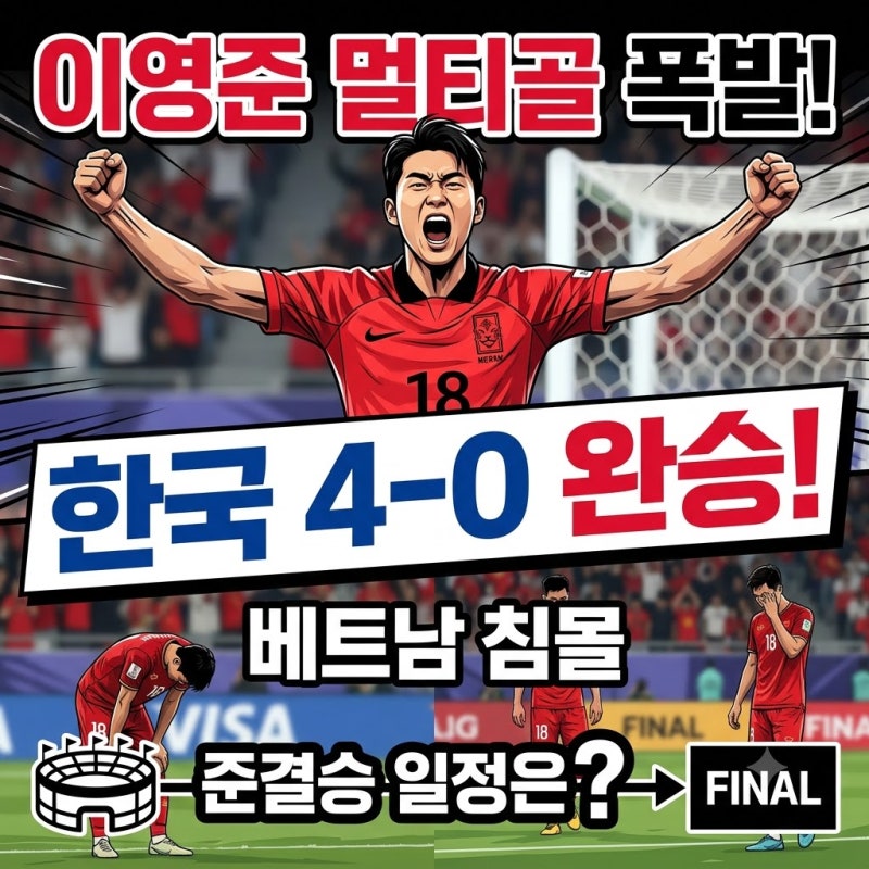 이영준 멀티골 폭발! 한국 축구 베트남 4-0 완승…준결승 일정은?