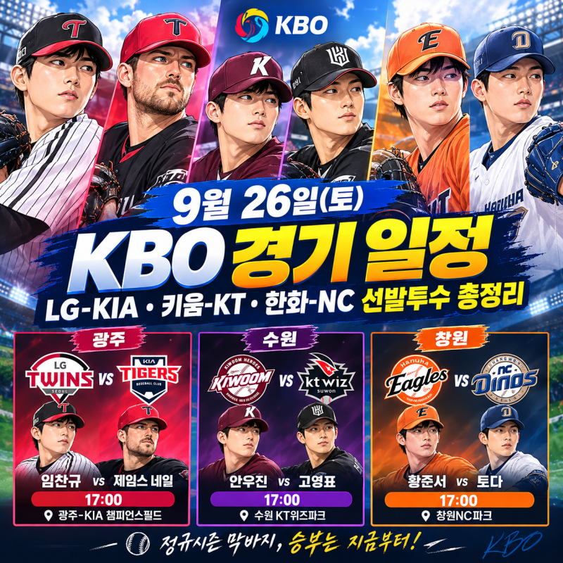 9월 26일 오늘 KBO 경기 일정｜LG-KIA·키움-KT·한화-NC 선발투수 총정리