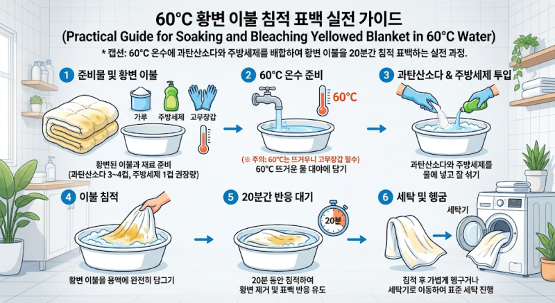 가을철 묵은 이불 누런 얼룩과 피지 산화 황변 제거: 과탄산소다 60°C 표백 공식