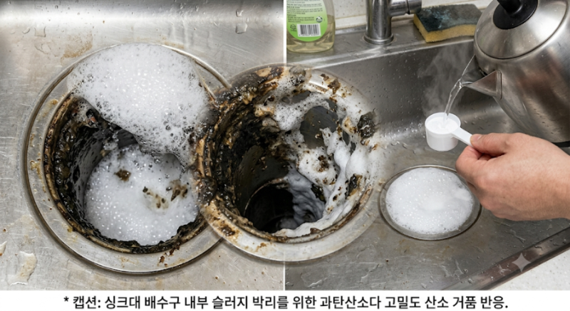 주방 싱크대 배수구 악취와 슬러지 완파: 과탄산소다 발열 반응과 유기물 단백질 용해 공식