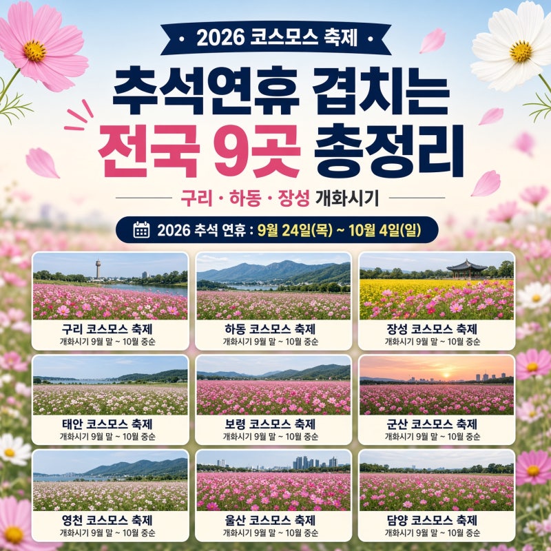 2026 코스모스 축제 일정 추석연휴 겹치는 전국 9곳 총정리 - 구리 하동 장성 개화시기