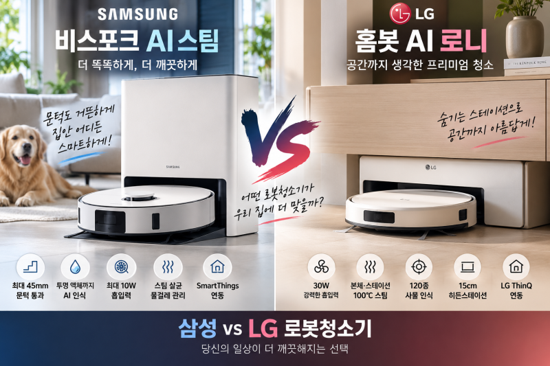 삼성·LG 로봇청소기 비교, 비스포크 AI 스팀 vs 홈봇 AI 로니 차이 총정리