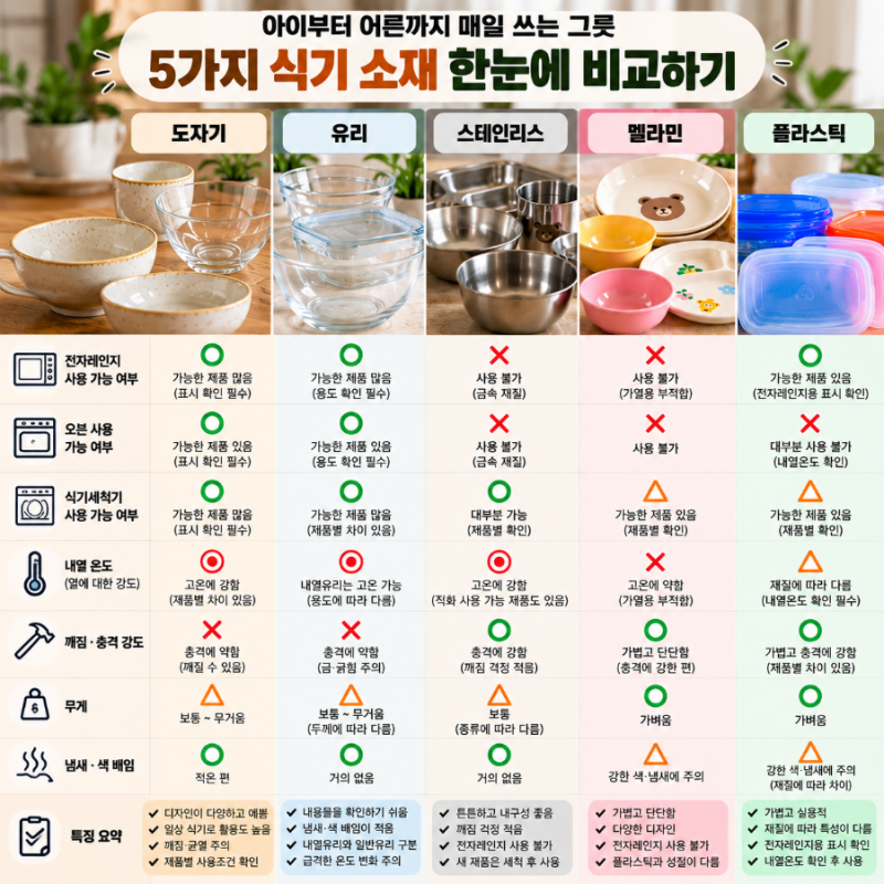 아이부터 어른까지 매일 쓰는 그릇, 식기 소재 5가지 제대로 비교하면 도자기와 유리, 스테인....