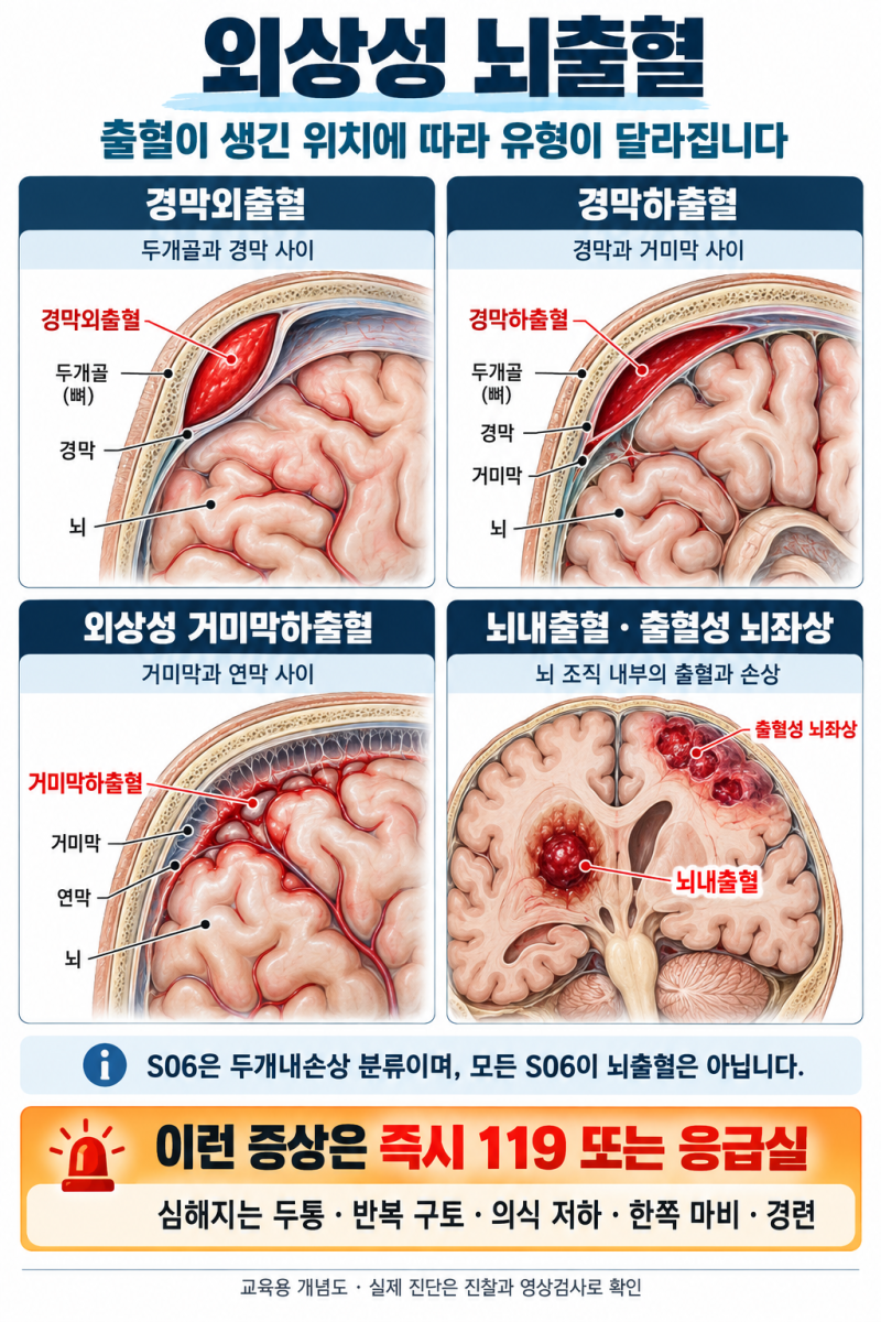 외상성 뇌출혈(S06), 출혈 위치에 따라 무엇이 다를까요?