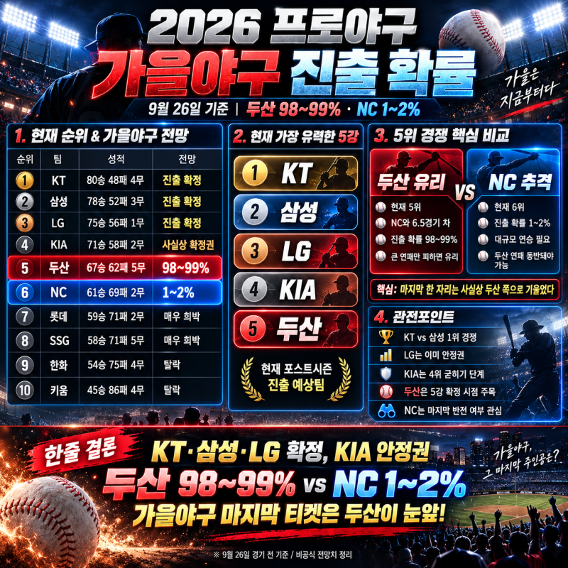 ⚾ 2026 프로야구 가을야구 진출 확률두산 98~99%, NC 마지막 기적 가능할까?