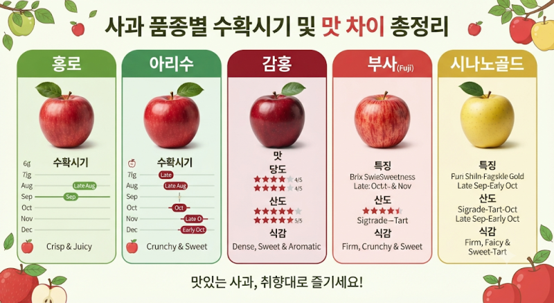 사과 품종별 수확시기 및 맛 차이 총정리｜홍로·아리수·감홍·부사·시나노골드 비교