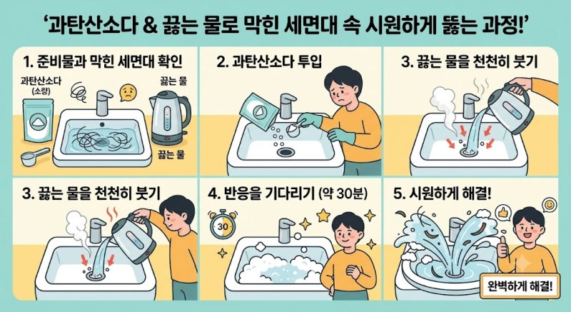 머리카락으로 꽉 막힌 세면대 뚫기, 독한 화학 세제 대신 과탄산소다와 끓는 물로 속 시원하....