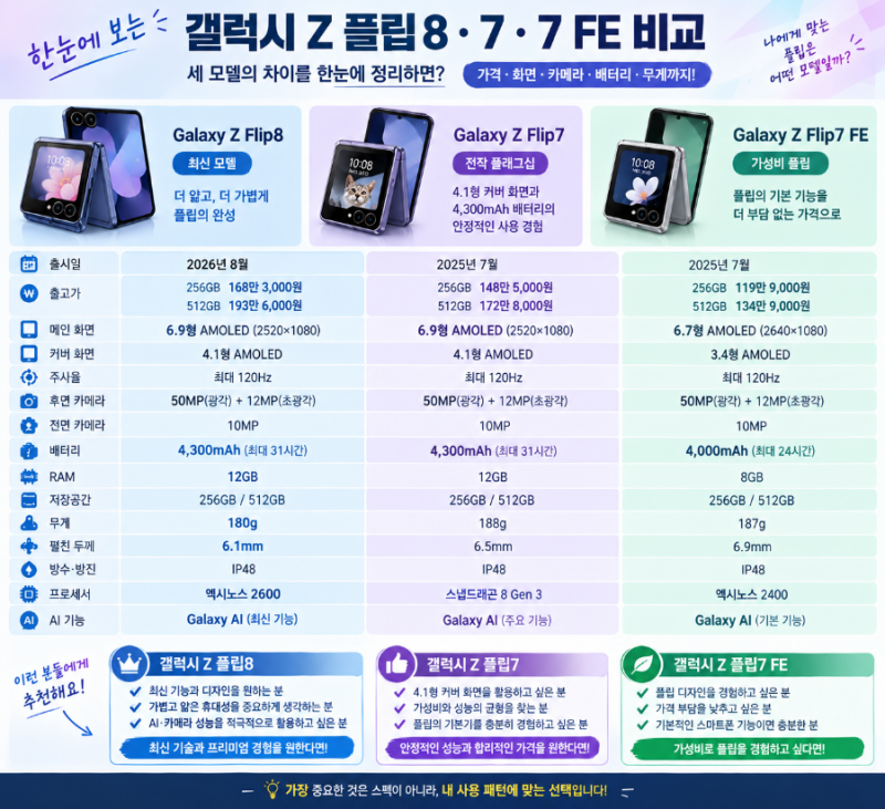 갤럭시 Z 플립8 vs 플립7 vs 플립7 FE 비교｜가격·화면·카메라·배터리 한눈에