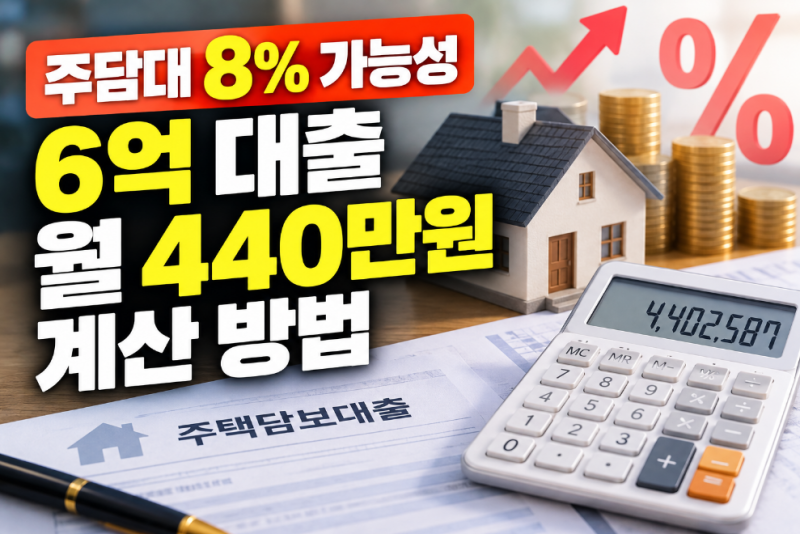 주담대 8% 가능성, 6억 대출 월 440만원 상환액 계산 방법