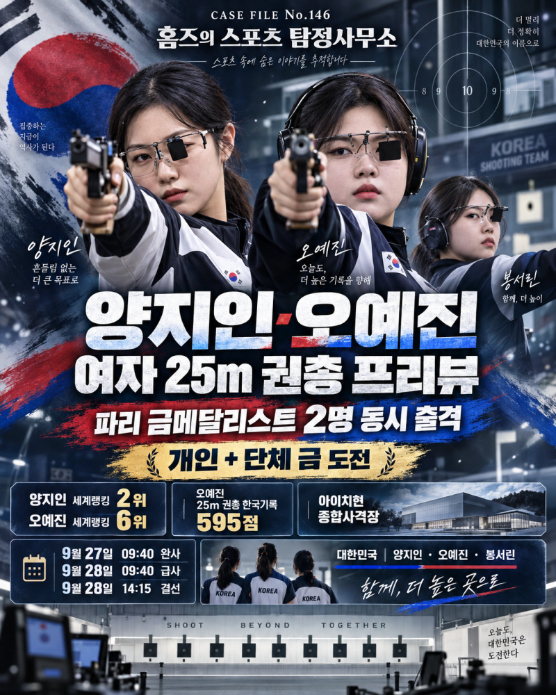 9월27~28일 양지인·오예진 여자 25m 권총 프리뷰｜파리 올림픽 금메달리스트 2명 동시 출격·개....