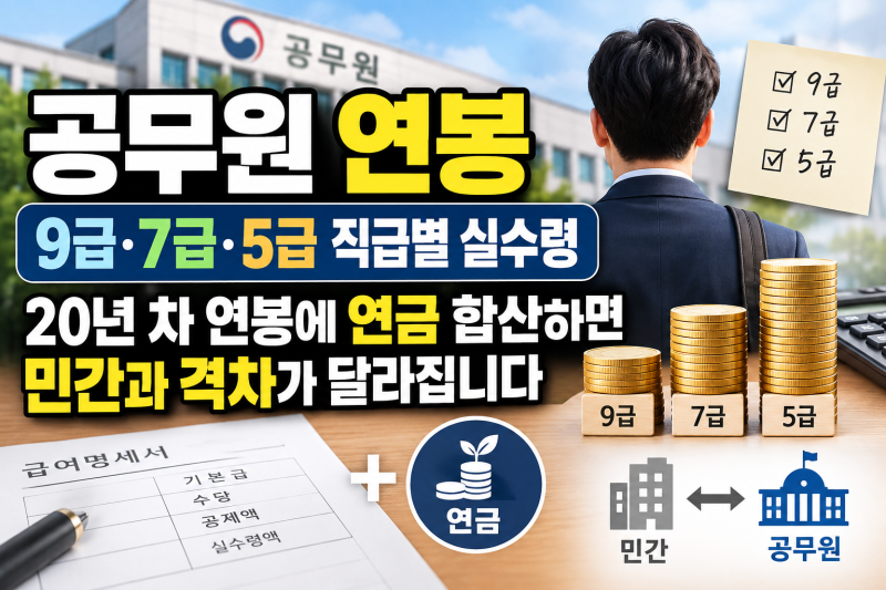 공무원 연봉 — 9급·7급·5급 직급별 실수령, 20년 차 연봉에 연금 합산하면 민간과 격차가 달....