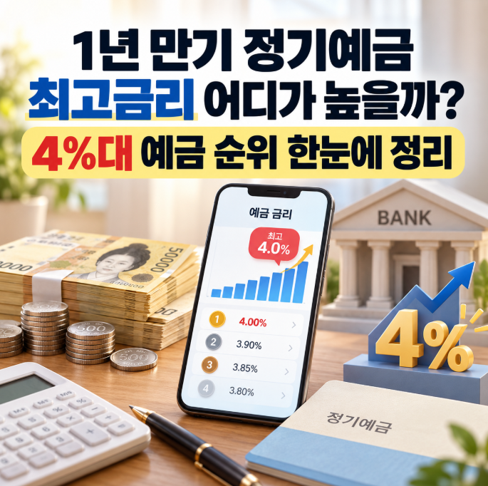 1년 만기 정기예금 최고금리 어디가 높을까? 4%대 예금 순위 한눈에 정리