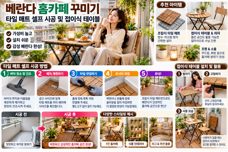 베란다 홈 카페 꾸미기 타일 매트 셀프 시공 및 접이식 테이블
