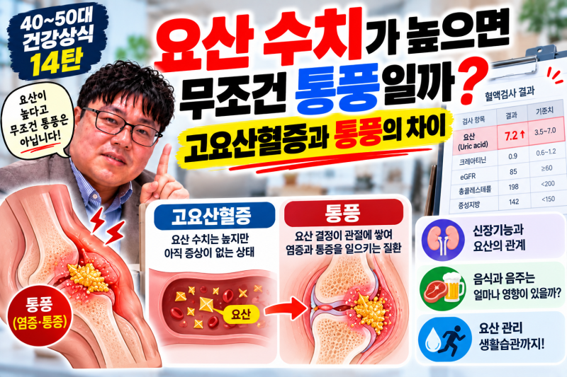 「40~50대 건강상식 14탄｜요산 수치가 높으면 무조건 통풍일까? 고요산혈증과 통풍의 차이」