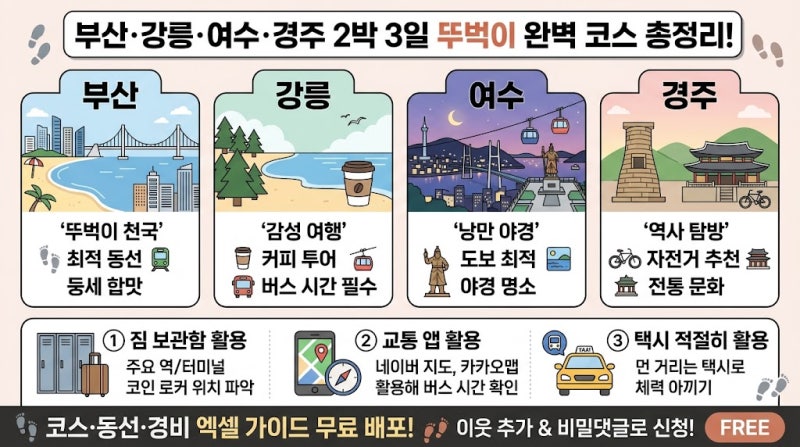 부산·강릉·여수·경주 2박 3일 뚜벅이 완벽 코스 총정리! (동선/교통 꿀팁 가이드 배포)