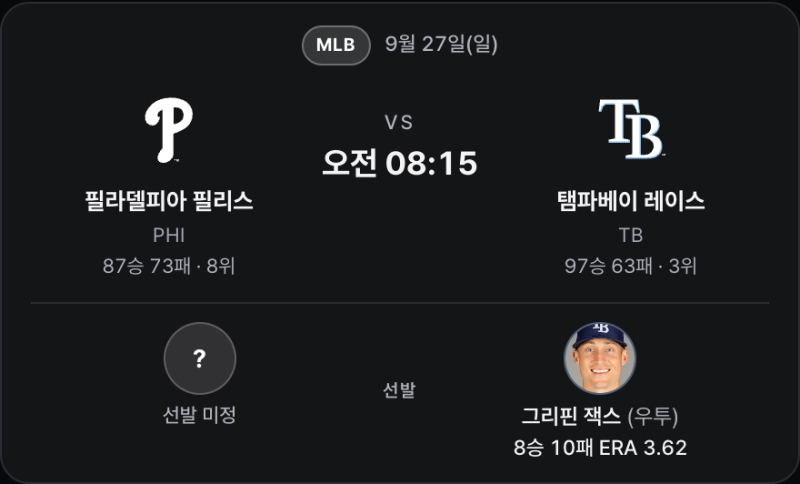 9월 27일 필라델피아 vs 탬파베이 프리뷰｜3경기 2득점, 불펜 경기로 가을 문턱을 넘을까