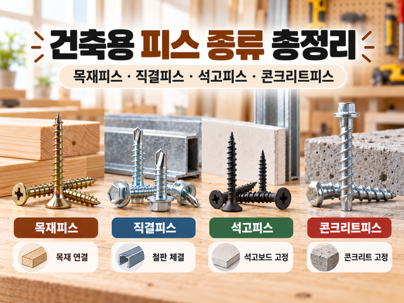 건축용 피스 종류 총정리｜목재피스·직결피스·석고피스·콘크리트피스 용도 차이