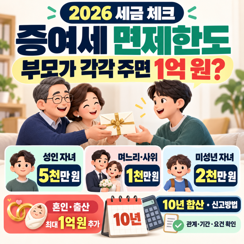 증여세 면제한도 2026 총정리｜자녀·손자·며느리 얼마까지? 10년 합산과 신고방법