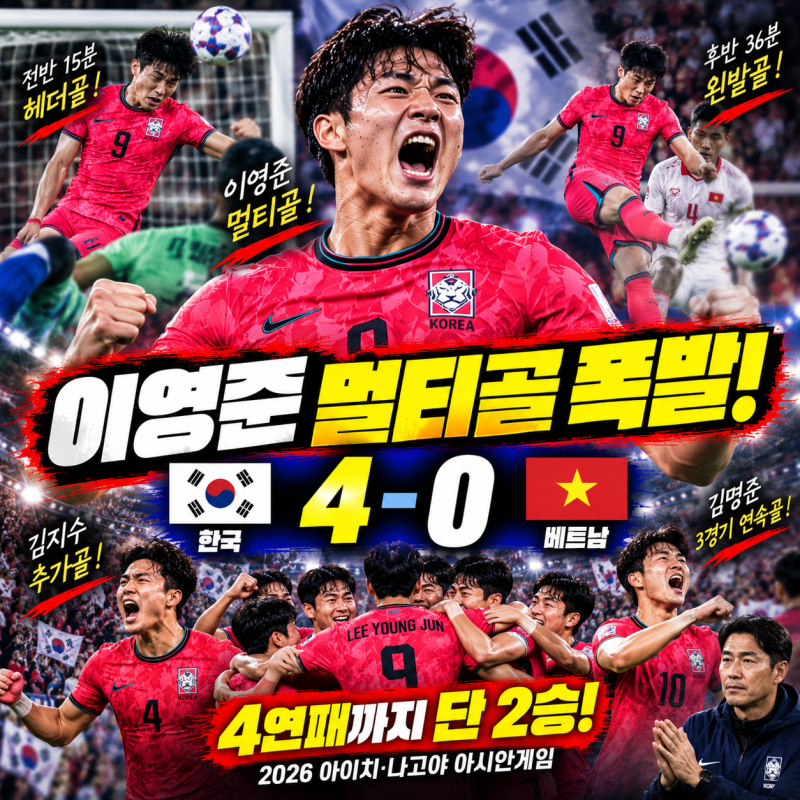 ⚽ 한국, 베트남 4-0 완파! 이영준 멀티골 폭발…아시안게임 4연패까지 단 2승 ⚽