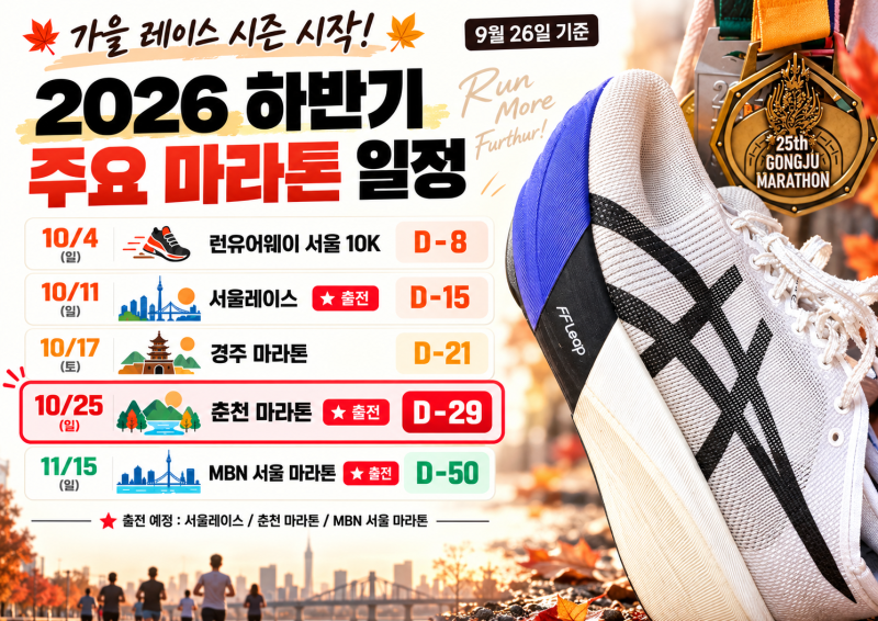 2026 하반기 주요 마라톤 일정｜춘천마라톤 D-29, 가을 레이스 시즌 시작!