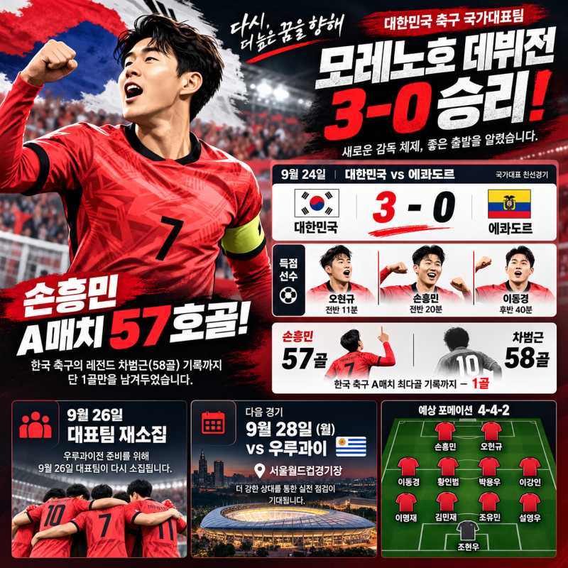 손흥민 A매치 57호골 폭발! 모레노호 3-0 출발…한국 축구 달라질까? 우루과이전까지 총정리