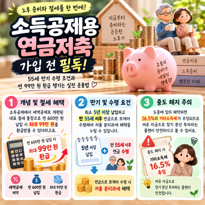 소득공제용연금저축 가입 전 필독! 55세 만기 수령 조건과 연 99만 원 환급 챙기는 실전 운용....