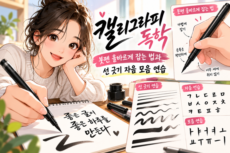 캘리그라피 독학 붓펜 올바르게 잡는법 선긋기 자음 모음 연습 총정리